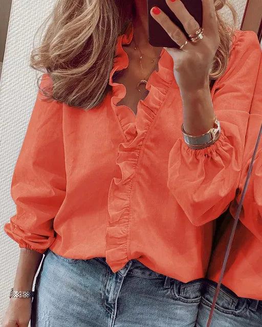 Damen Bluse Rüschen V-Ausschnitt
