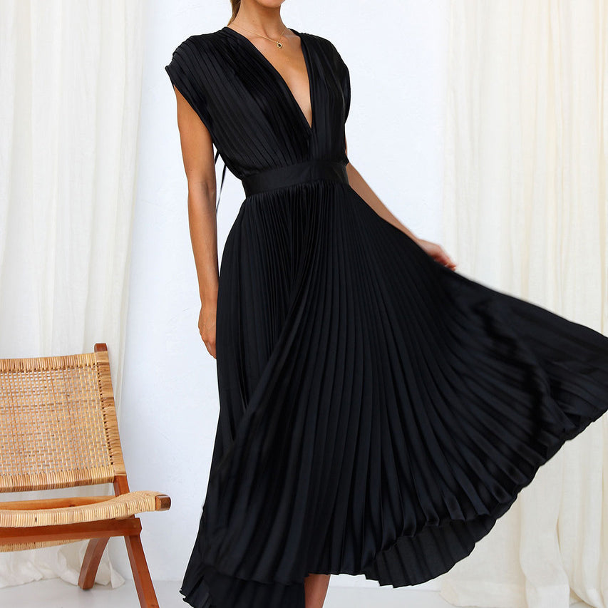 Damen Maxi Abendkleid V-Ausschnitt Plissiert
