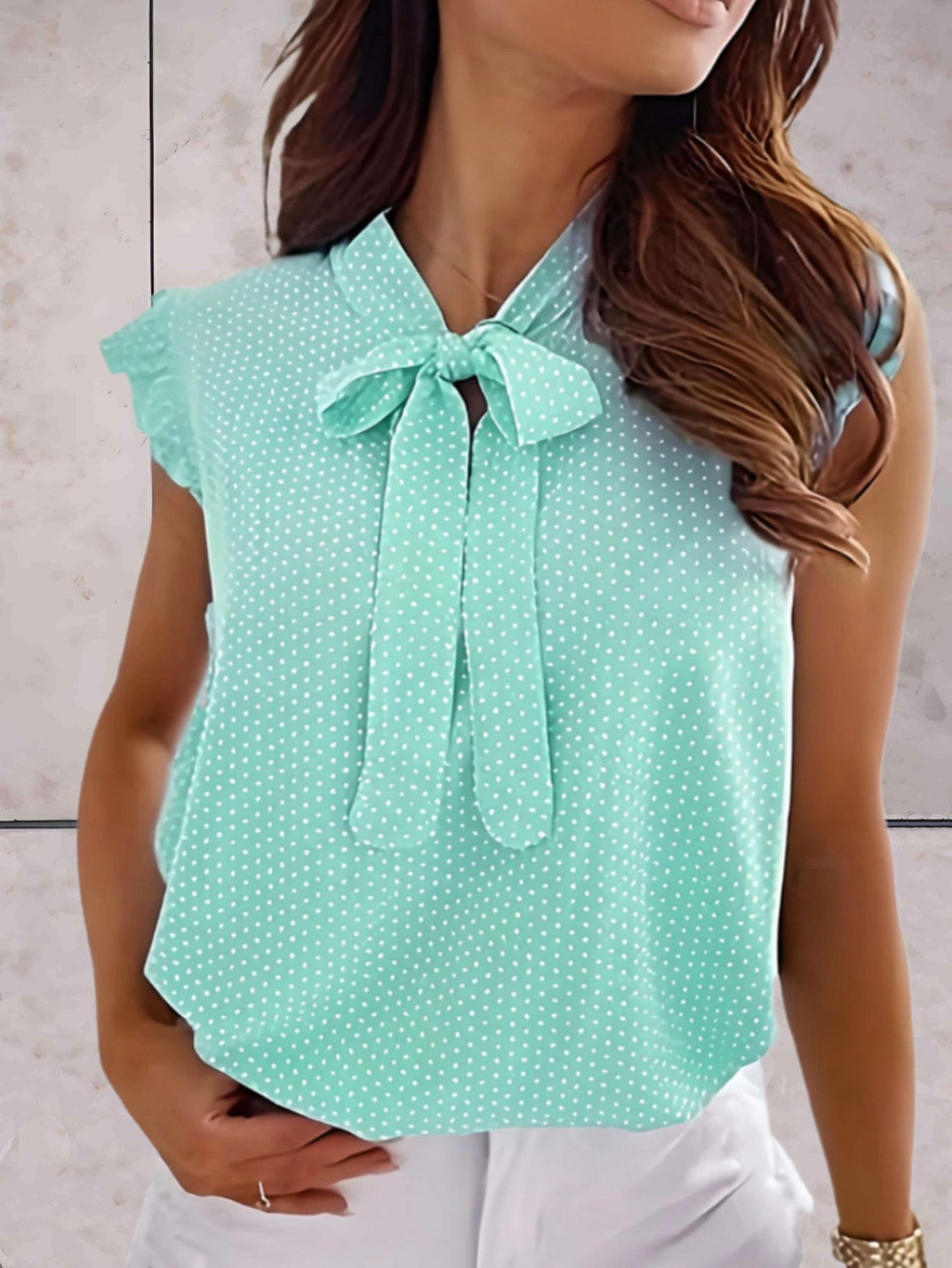 Damen Bluse mit Rüschenärmeln und Schleifenkragen Polka Dots