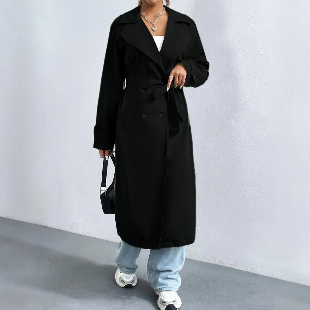 Eveloria Damen Trenchcoat Baumwollmischung Reverskragen Lang