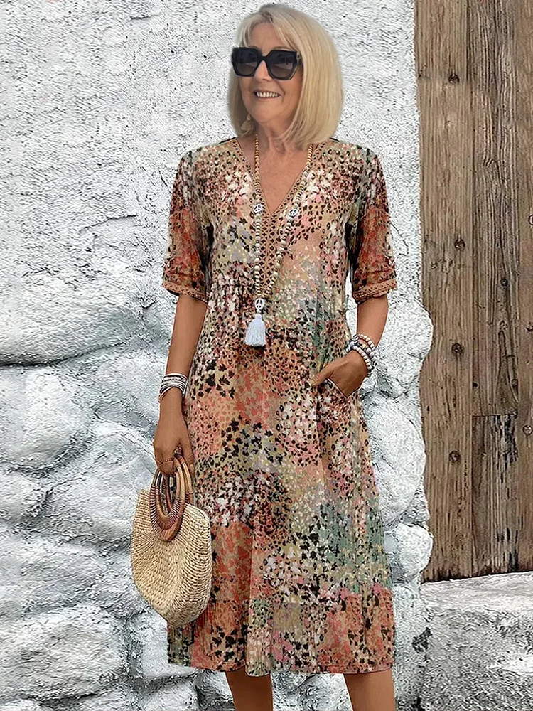 Damen Midikleid Farbverlauf V-Ausschnitt Sommerkleid Halbärmel