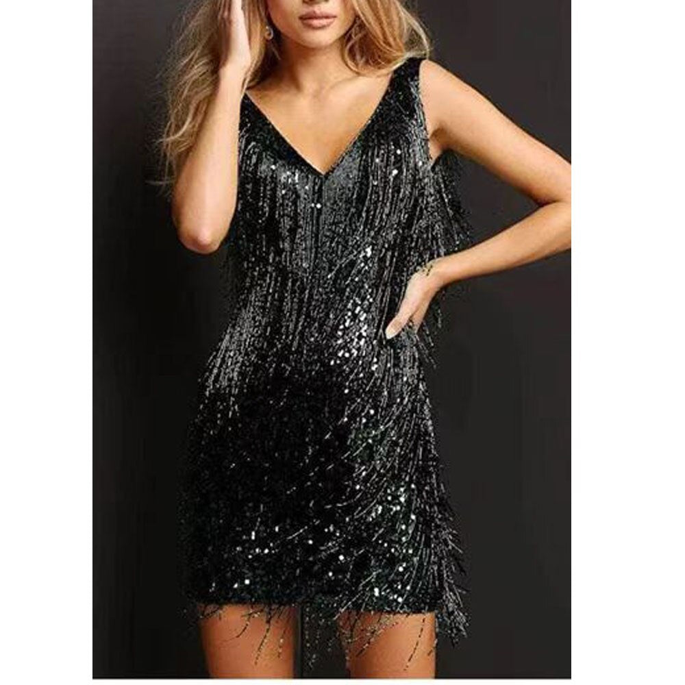 Damen Glitzerkleid Ärmellos V-Ausschnitt Mini Kleid mit Fransen