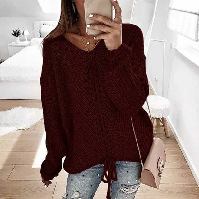 Damen Strickpullover Spitzen-Detail V-Ausschnitt