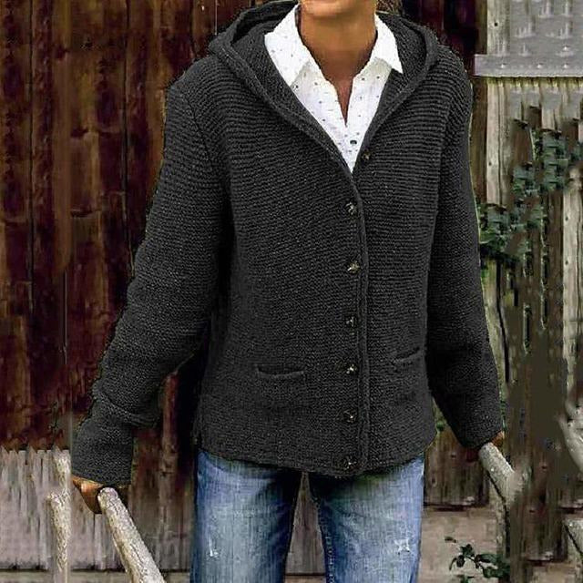 Damen Strickcardigan mit Kapuze und Knöpfen Beige