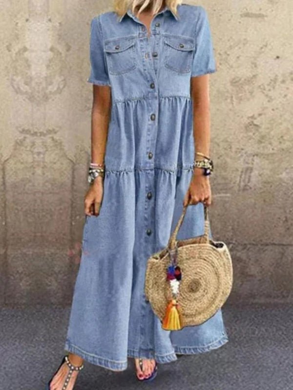 Eveloria Damen Langkleid Denim Mehrknöpfe Verwüstet Blau - Eveloria