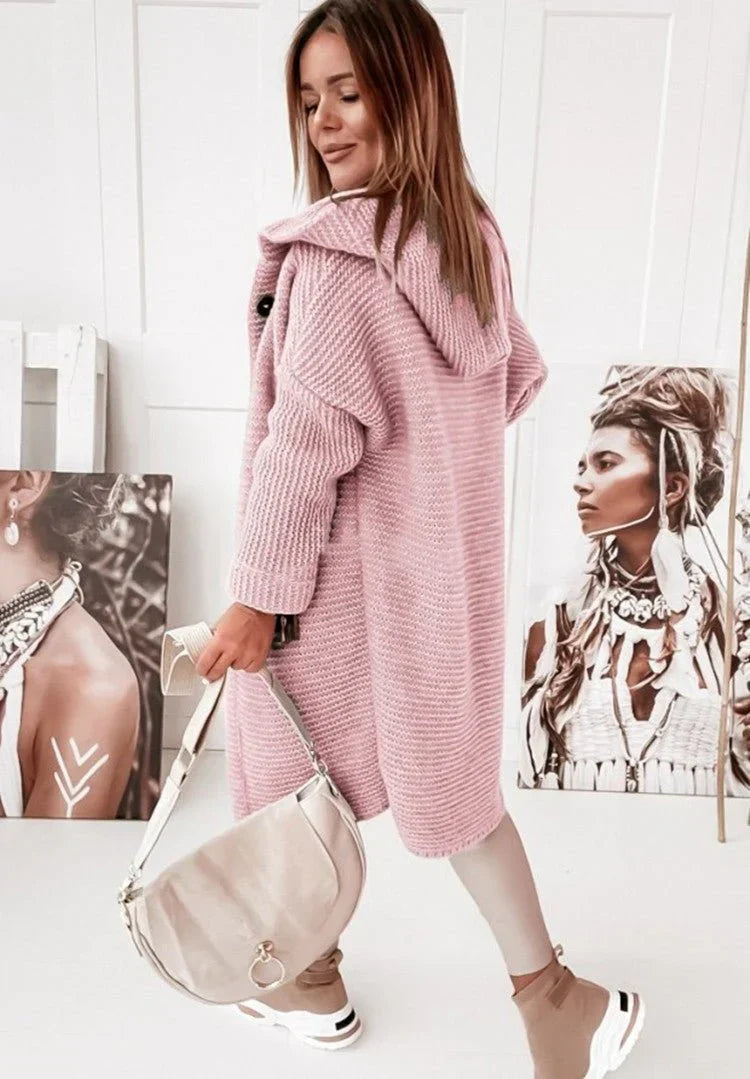 Damen Strickjacke Lang mit Kapuze und Knöpfen Grau