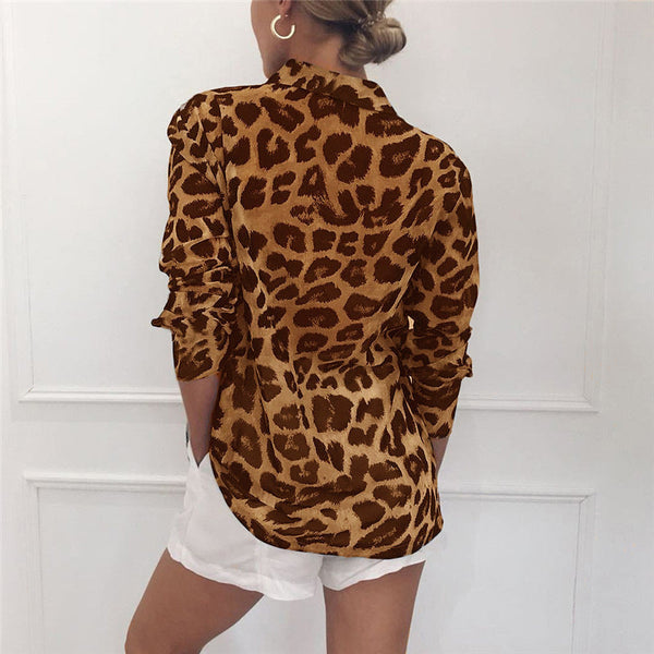 Damen Bluse Leopardenmuster Länge Ärmel Umschlagkragen