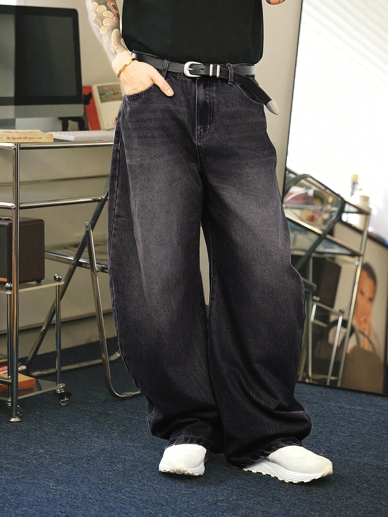 Herren Baggy Jeans Gerades Bein Weite Passform Blau