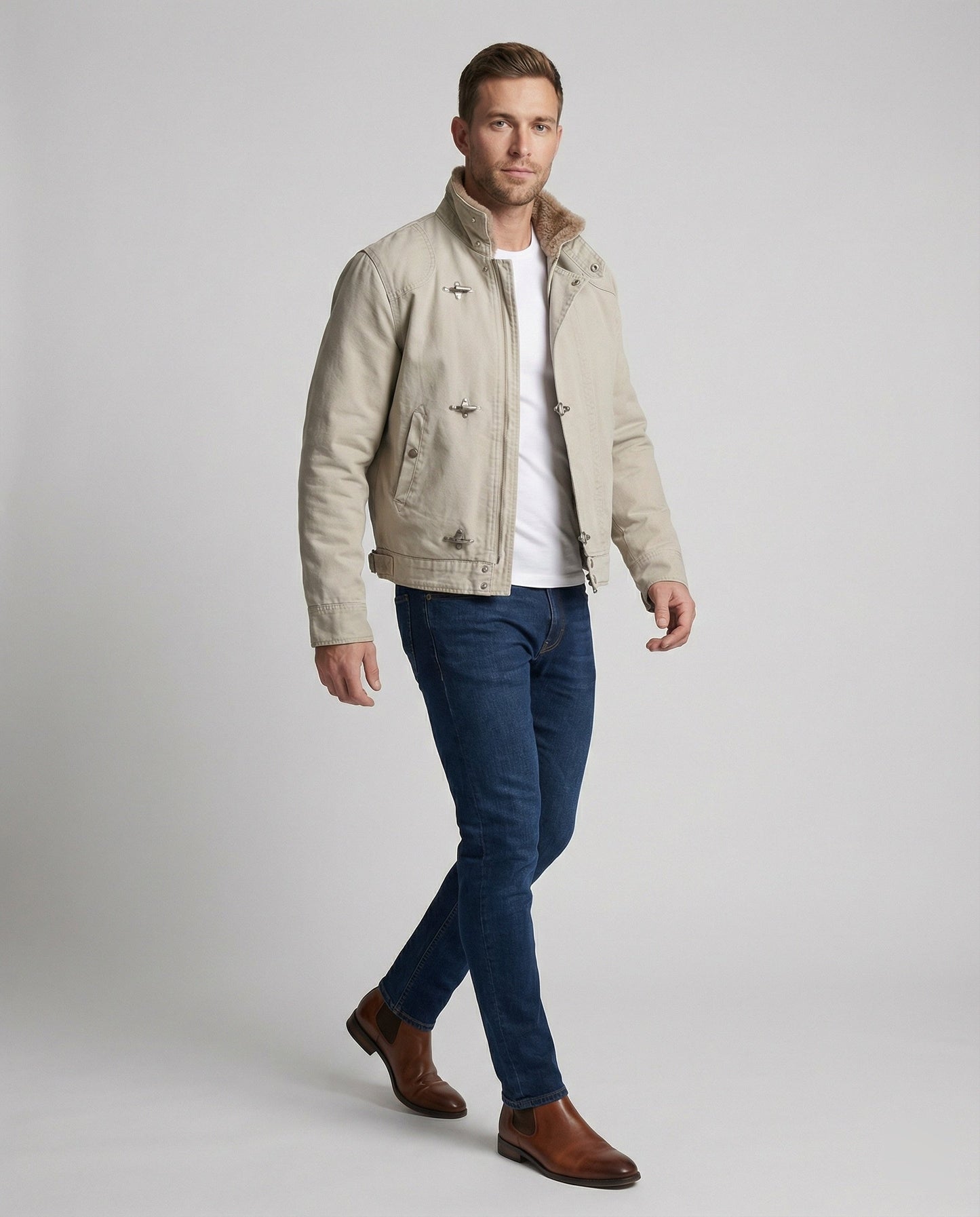 Herren Canvasjacke Teddykragen Beige