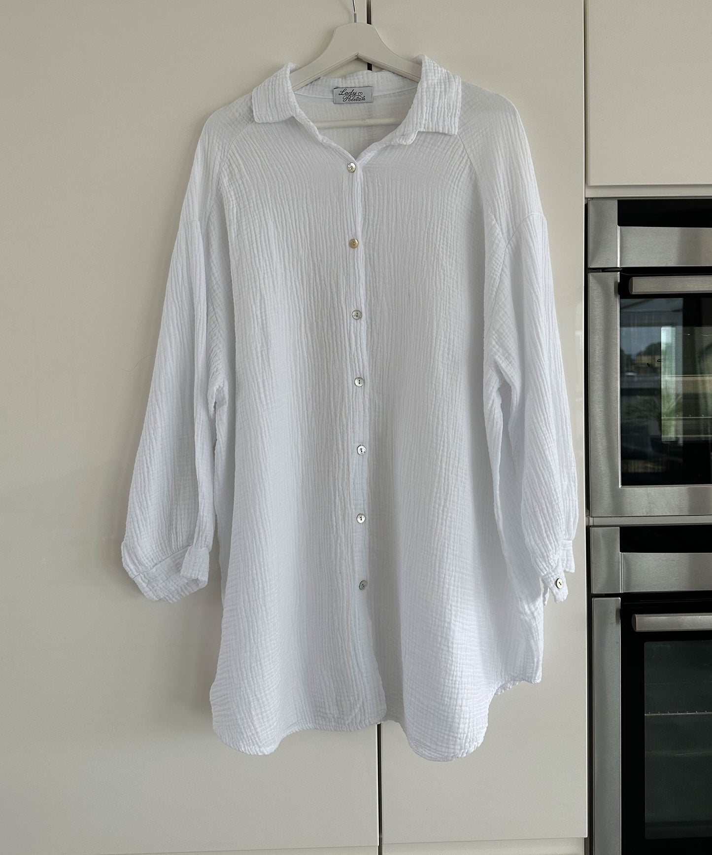 Damen Oversize Bluse aus Musselin mit Glitzer und Auge-Design Weiß