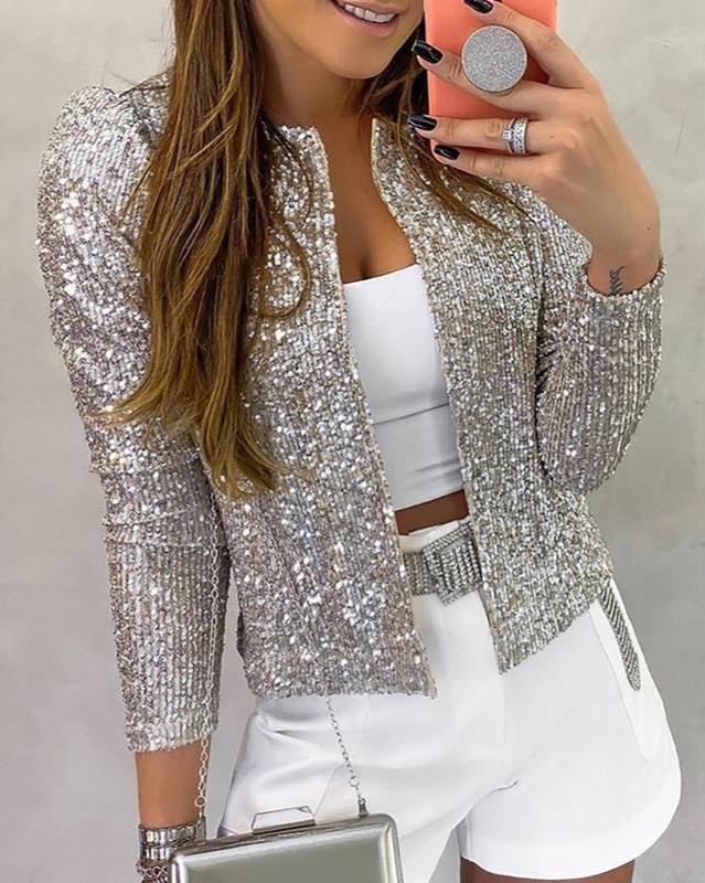 Damen Glitzernde Offene Winterjacke