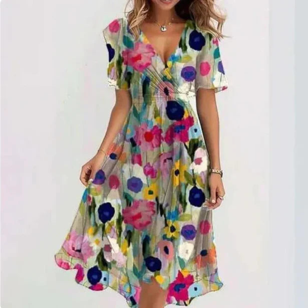 Damen Sommerkleid Kurzarm Blumen Midi