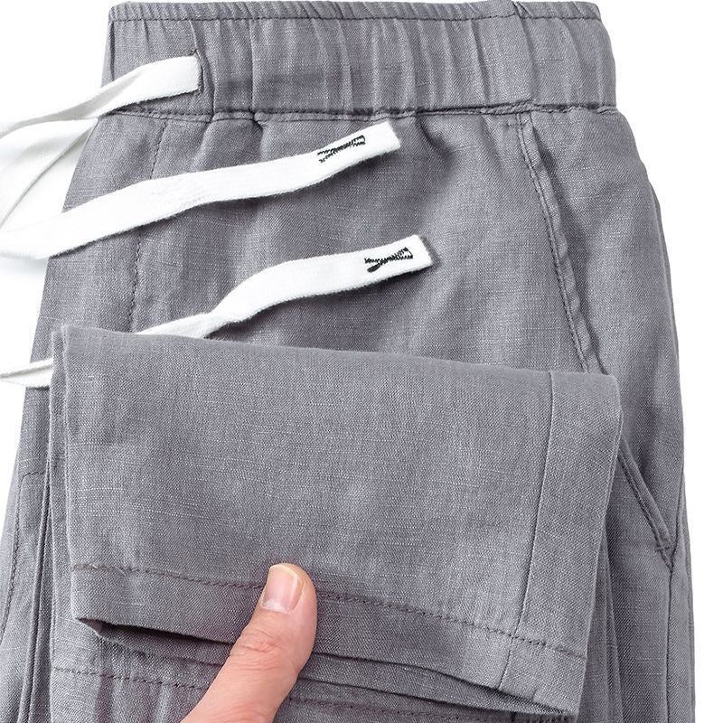 Herren Leinenhosen mit Taschen und Kordelzug Beige