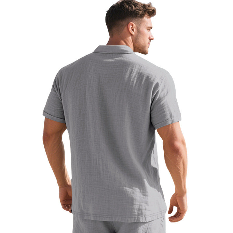 Herren Leinen Polohemd Kurzarm Halbknopf Beige
