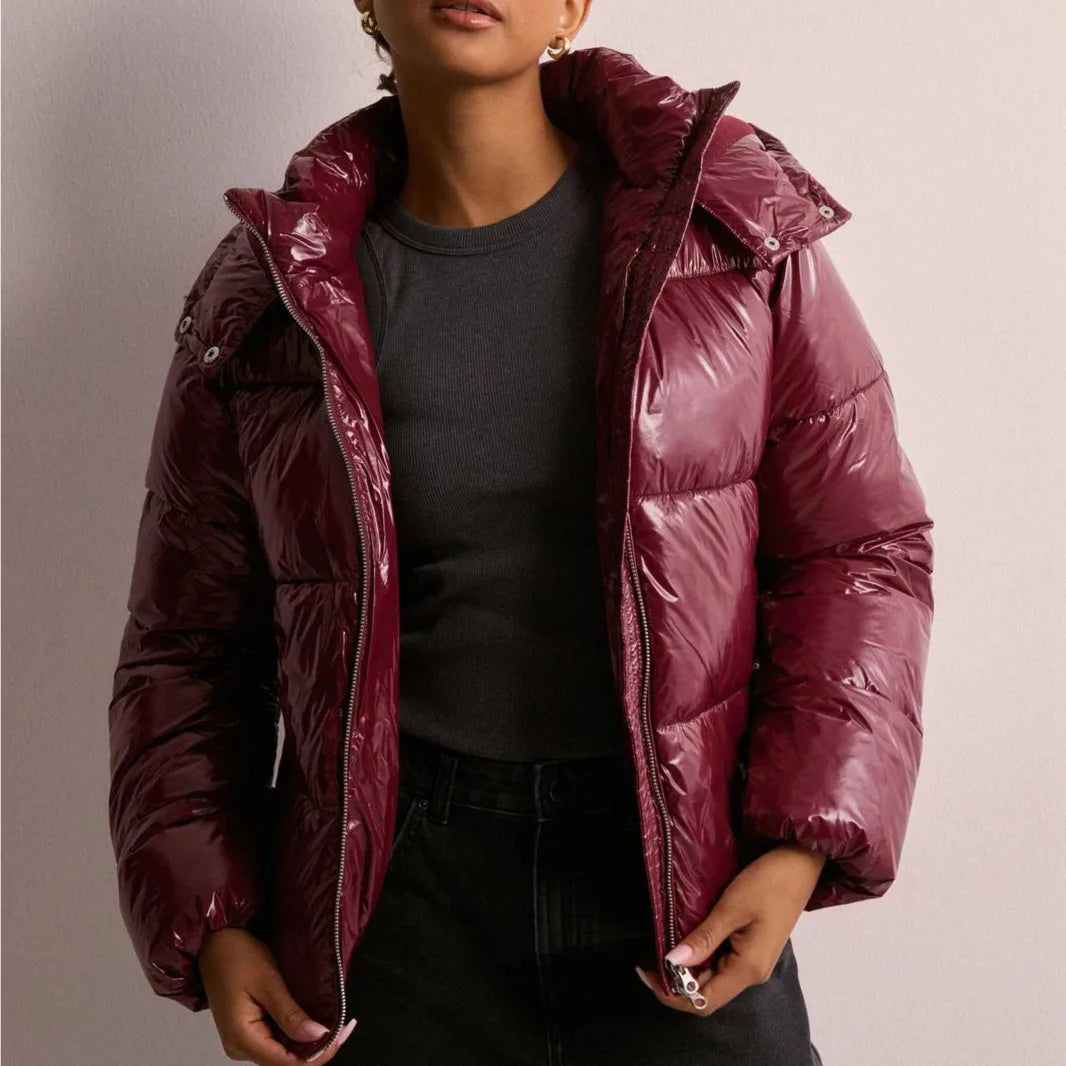Damen Kurz-Pufferjacke Kapuze Leicht Glänzend