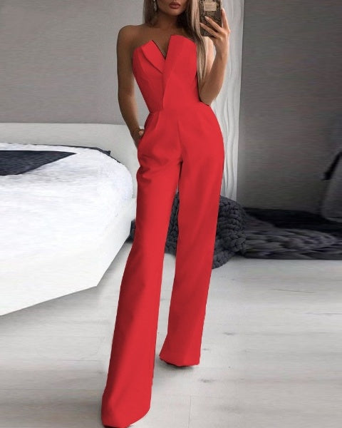 Damen Trägerlose Jumpsuit V-Ausschnitt Weites Bein