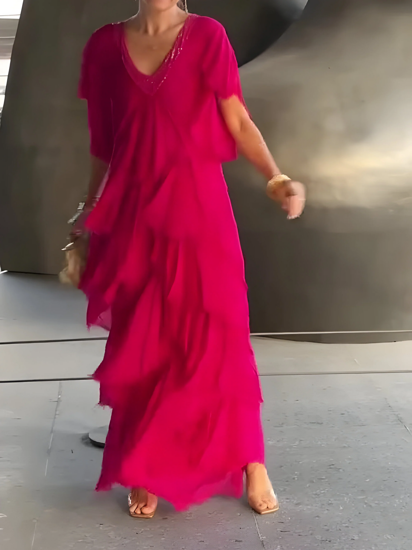 Damen Plissee Kleid V-Ausschnitt Elegantes Seidenkleid