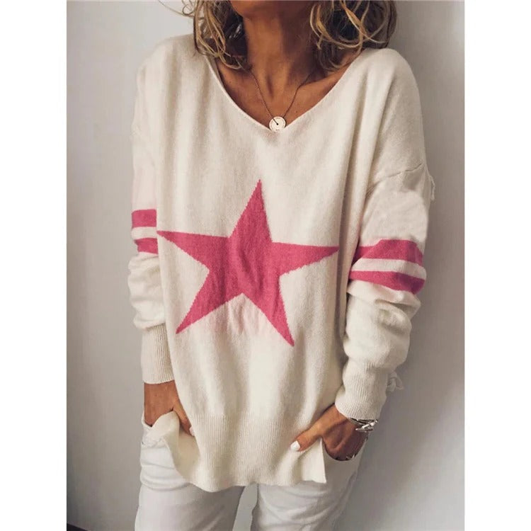 Eveloria Damen Pullover Weiches Strick Rundhalsausschnitt Sternmuster