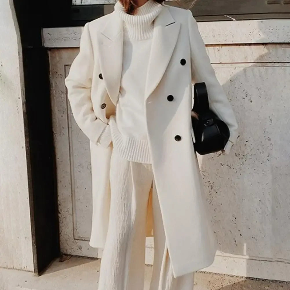 Damen Trenchcoat Wolllook Doppelreiherschluss Lang Reverskragen