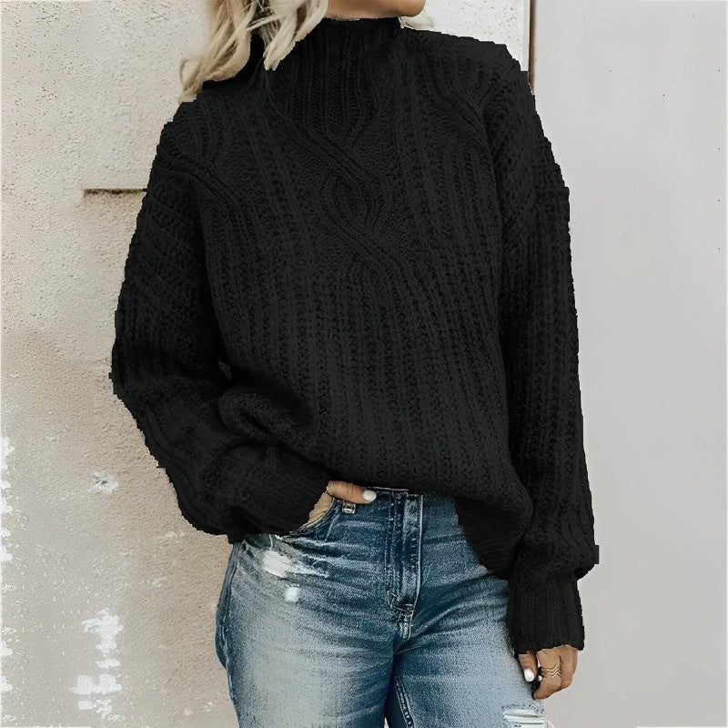 Damen Grobstrickpullover Hochkragen Uni-Farbe
