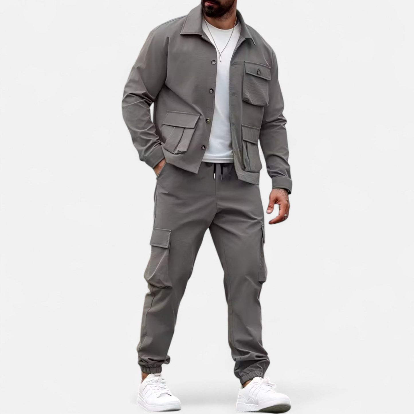 Herren Casual Workwear Set Multi-Taschen Hemd Jogger Kordelzug