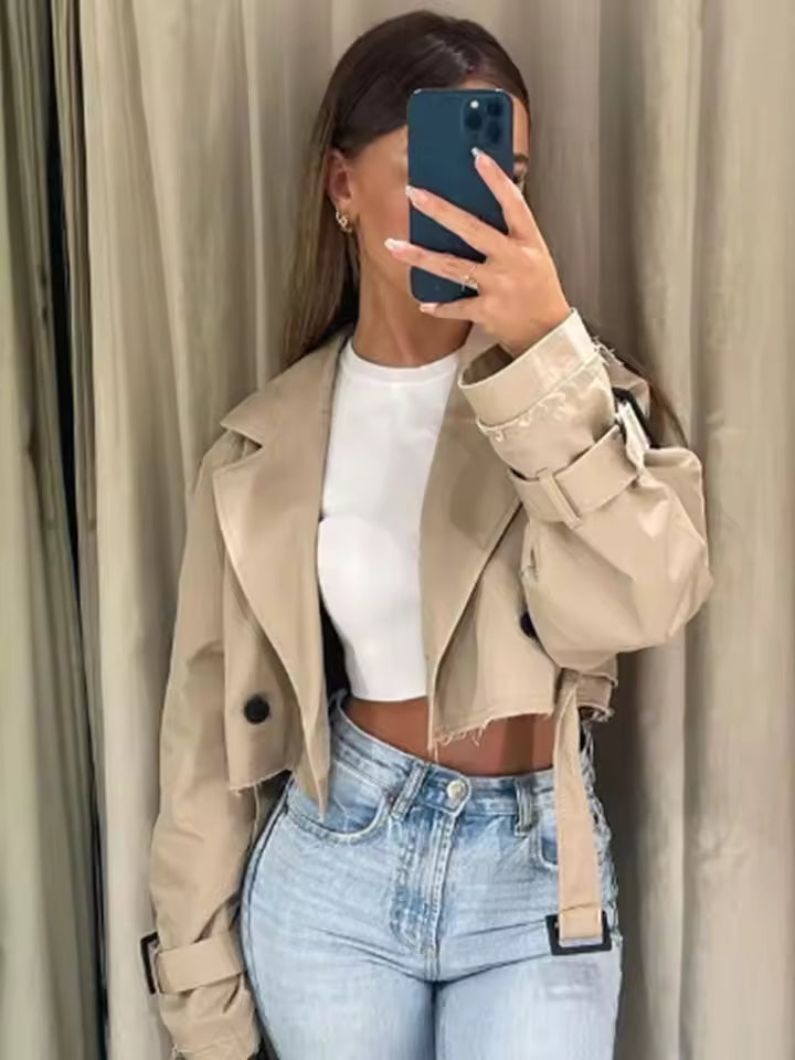 Damen Trenchcoat Baumwollmischung Doppeltknopf Ausgefranster Saum - Eveloria