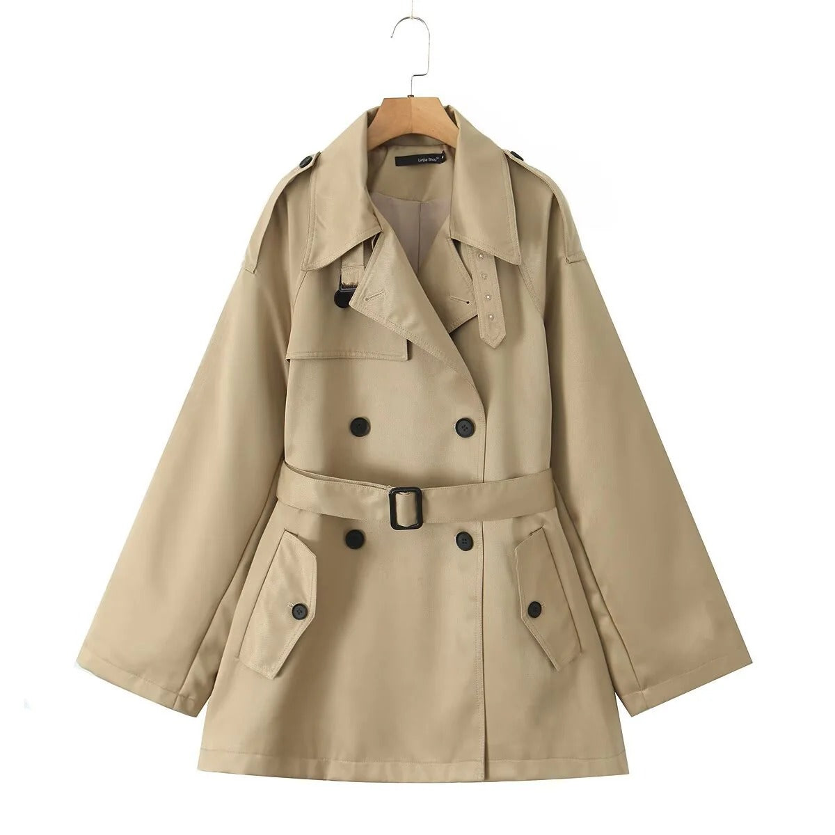 Damen Trenchcoat Tailliert Baumwollmischung Mit Gürtel Schwarz - Eveloria