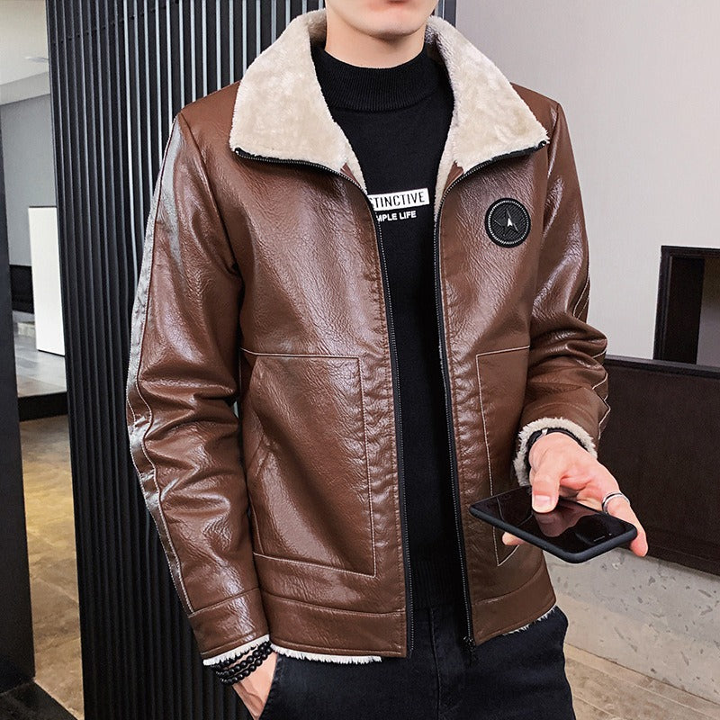 Herren Kunstlederjacke Regular Fit Fleecekragen