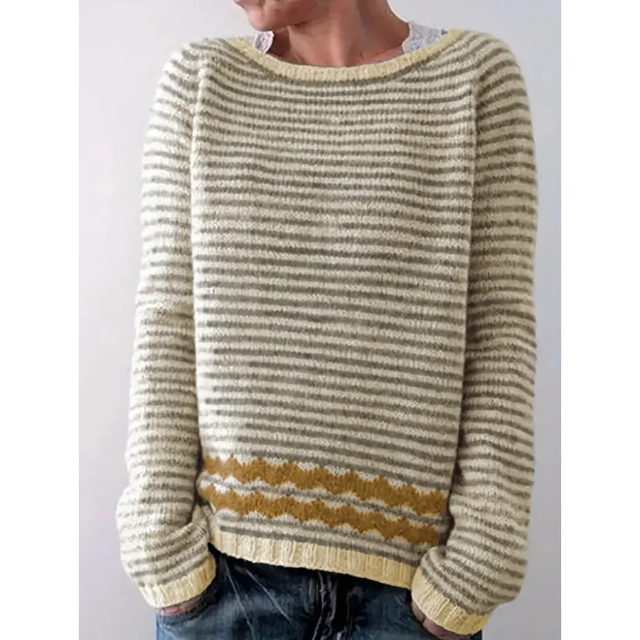 Eveloria Damen Pullover Wollstrick Gestreift Locker