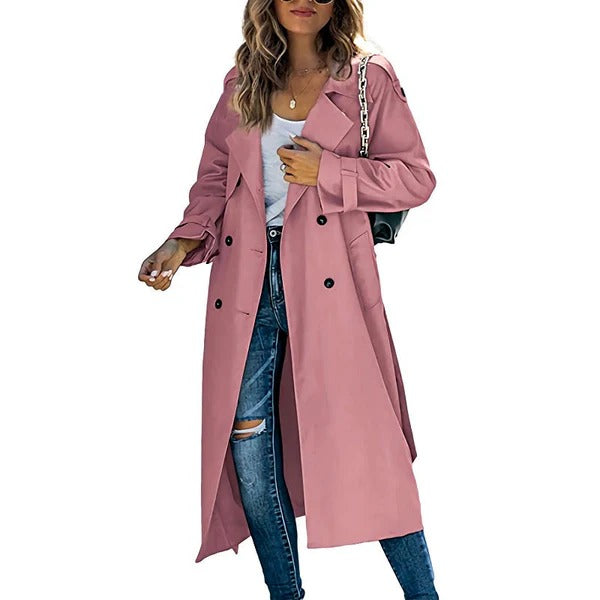 Damen Trenchcoat Relaxed Fit Doppelreihner Breiter Revers Lang