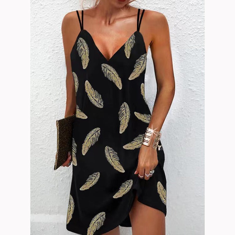 Damen Mini Sommerkleid Slim Fit V-Ausschnitt Doppelträger