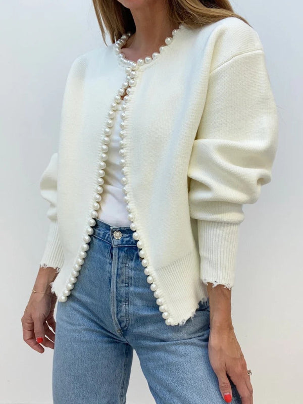 Damen Strickcardigan Relaxed Fit Offenes Design Perlenkante Beige