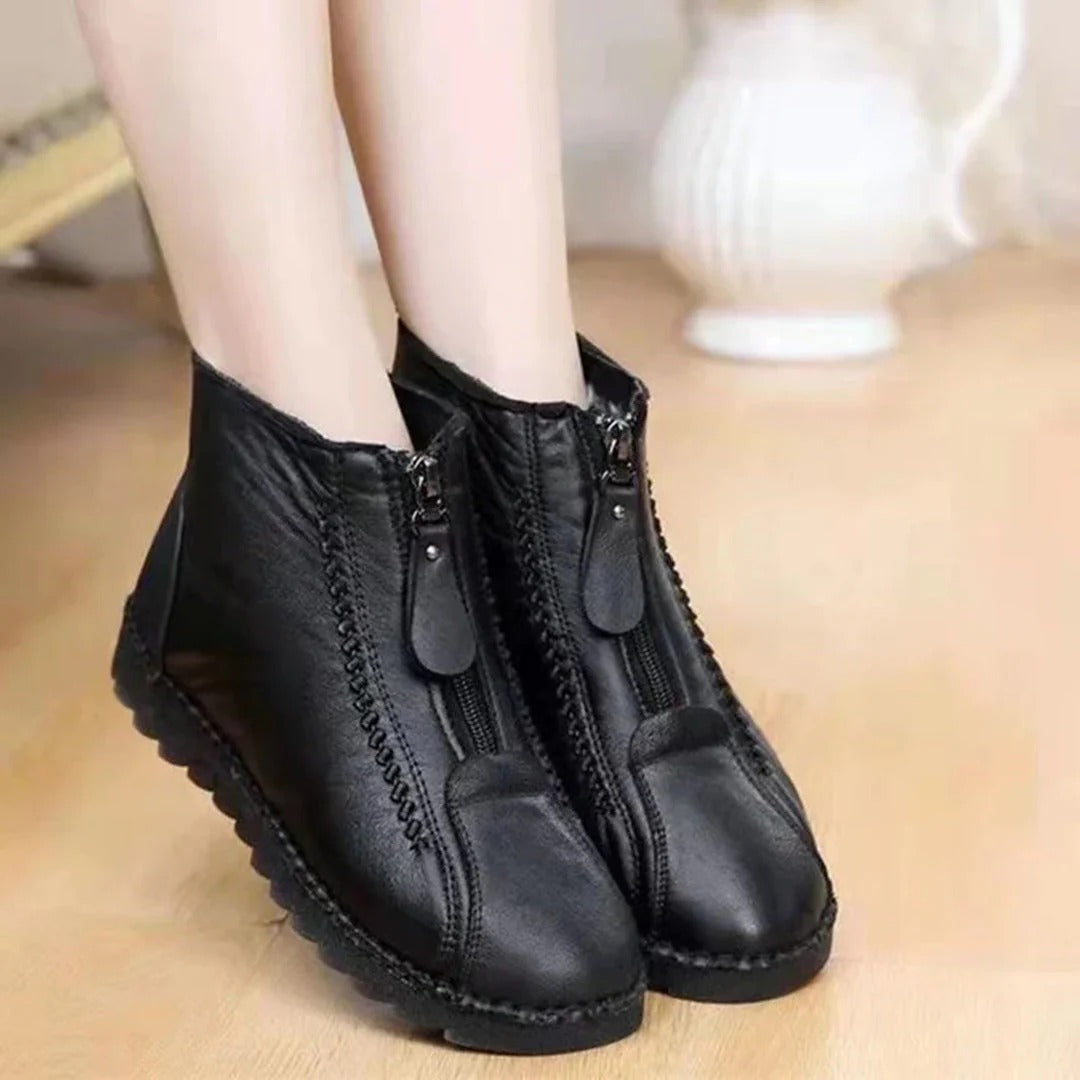 Damen Ankle Boots Lederlook Frontreißverschluss Chunky-Sohle Lässig