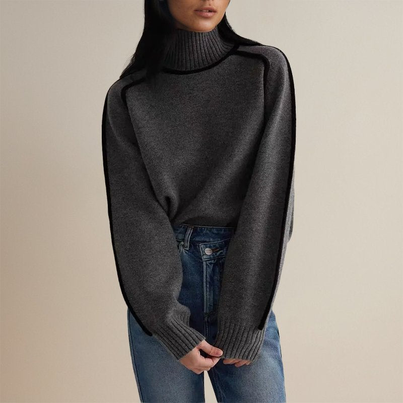 Damen Winter Rollkragenpullover Color Block Design