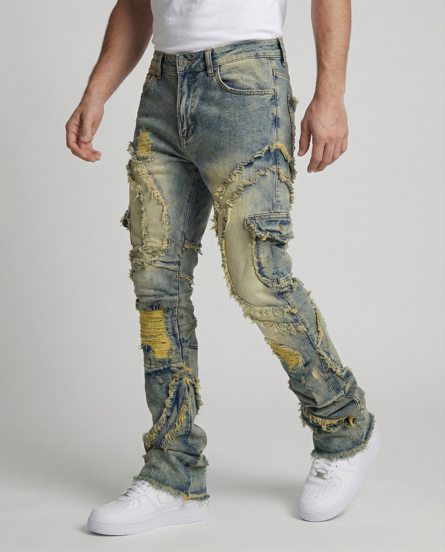 Herren Destroyed Jeans Cargotaschen Blau
