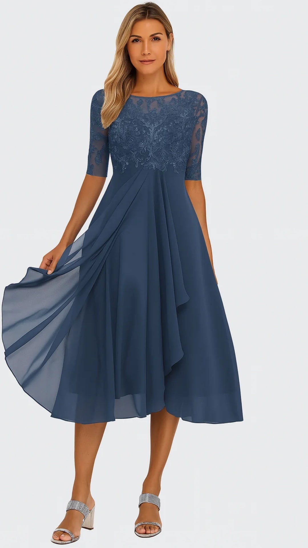 Damen Midi-Kleid Spitze Chiffon Elegantes Festkleid