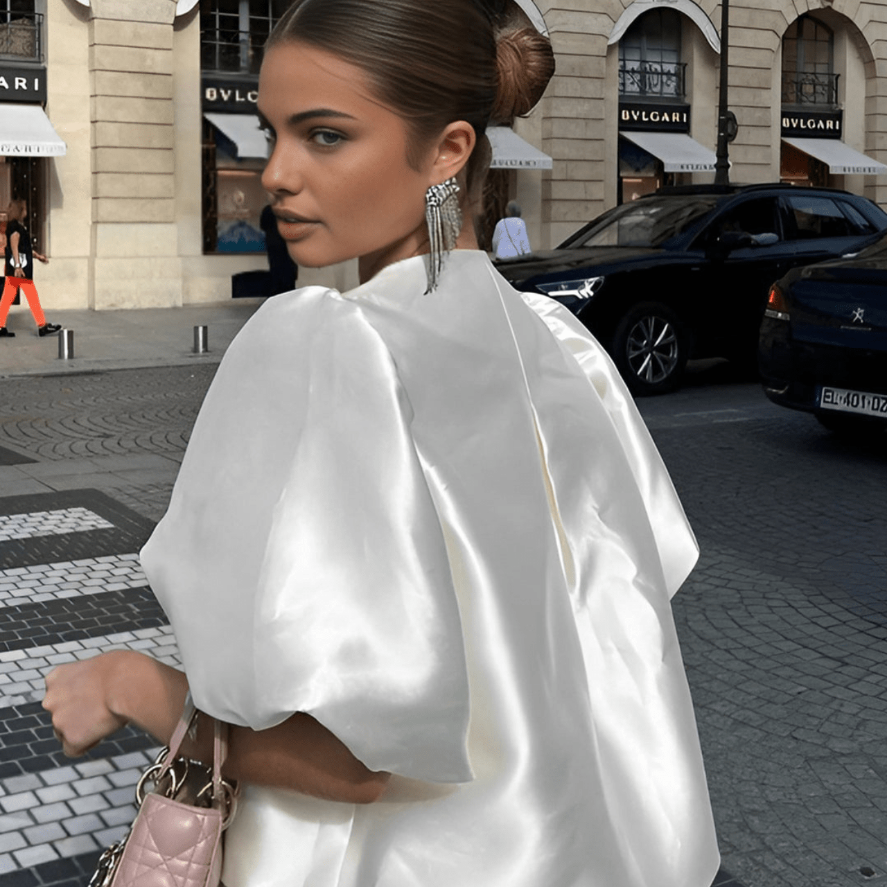 Damenbluse Weiße Seidenoptik Puffärmel Elegante Bluse