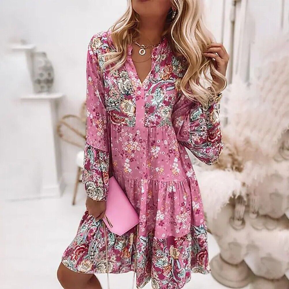 Damen Midikleid Blumendruck Boho-Stil Baumwolle