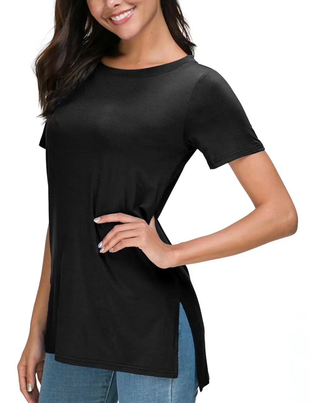 Damen Longline T-Shirt mit Schlitzen Hochwertiges Baumwoll-Material