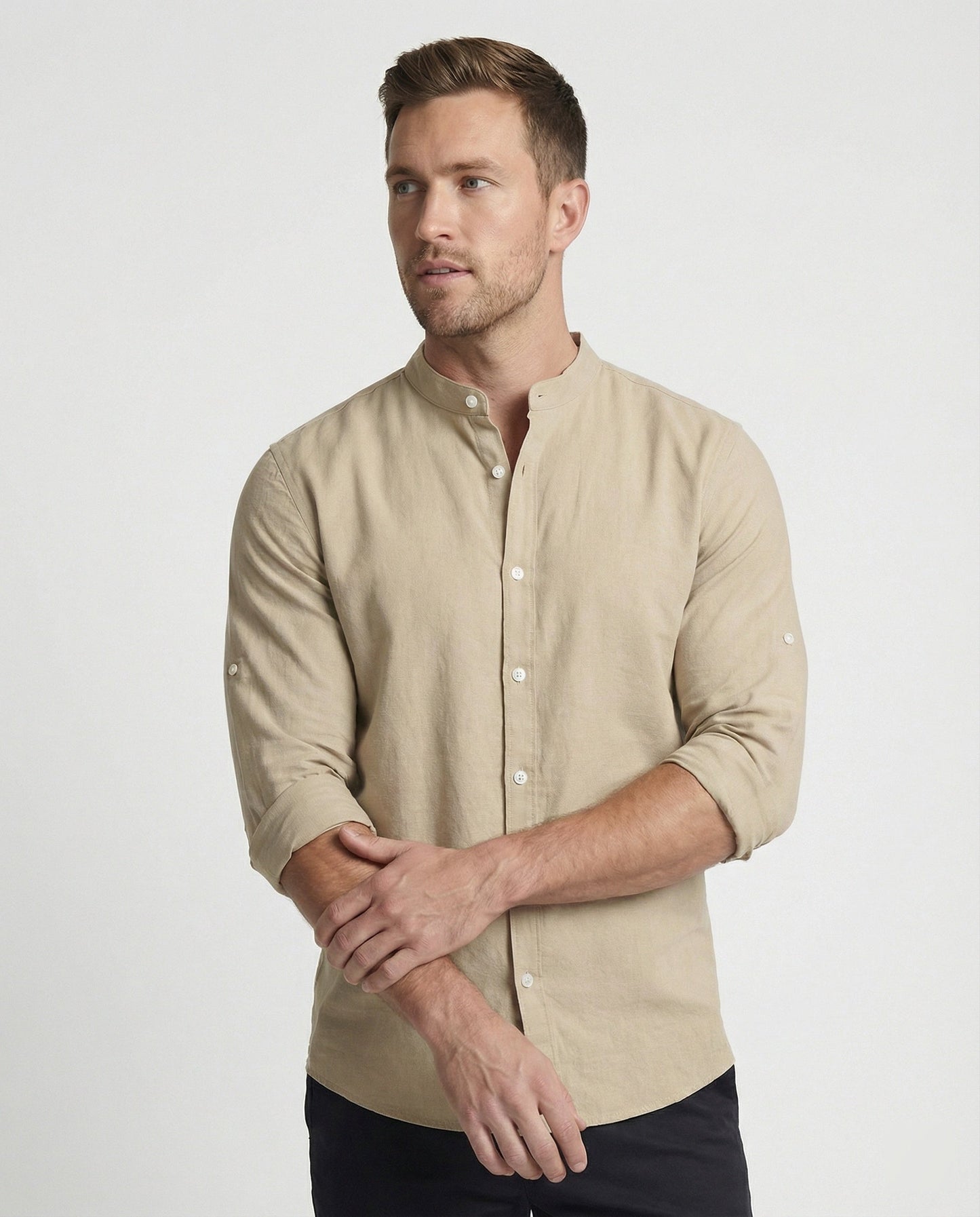 Herren Stehkragenhemd Regular Fit Weiß