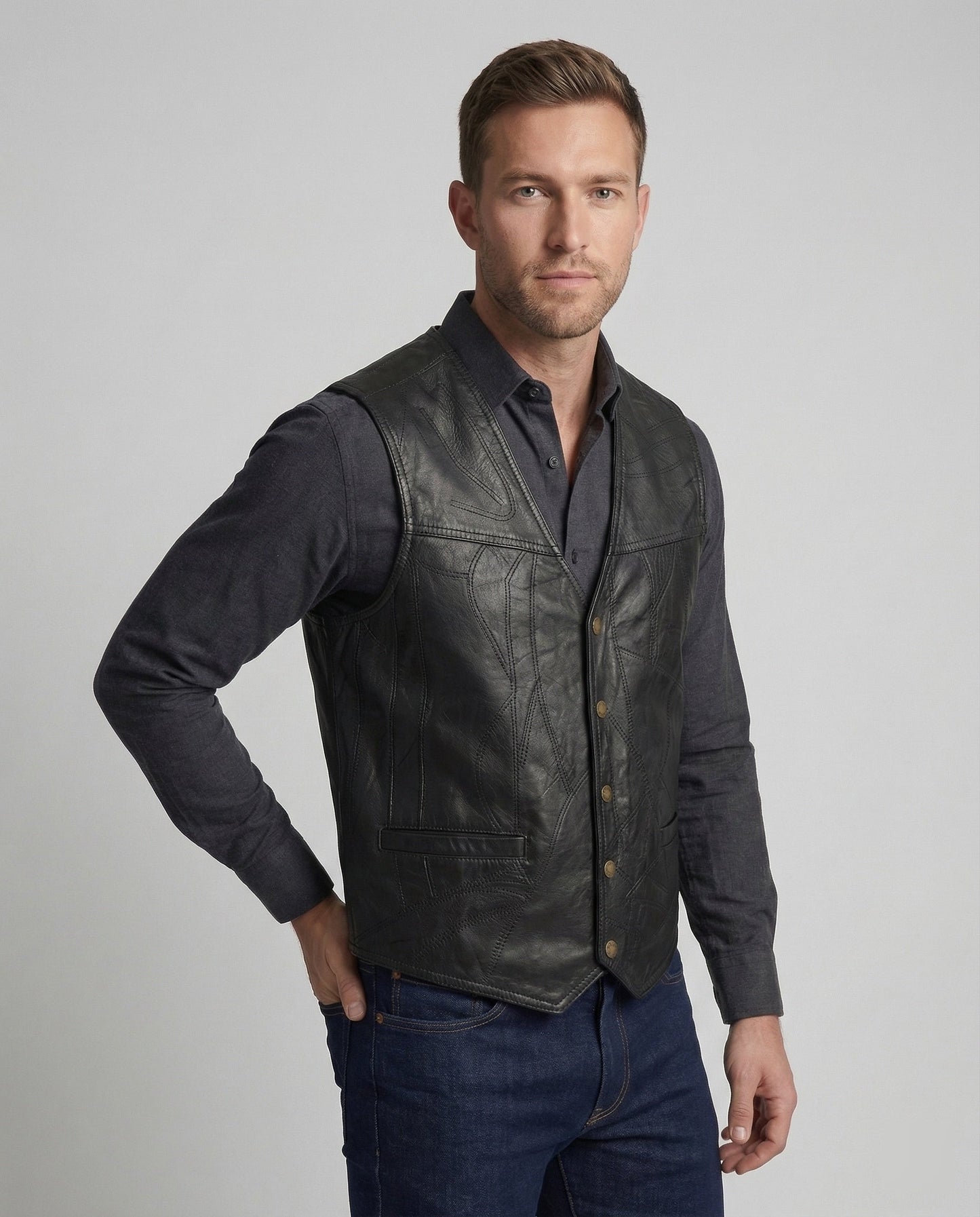 Herren Lederweste Biker Style Leder
