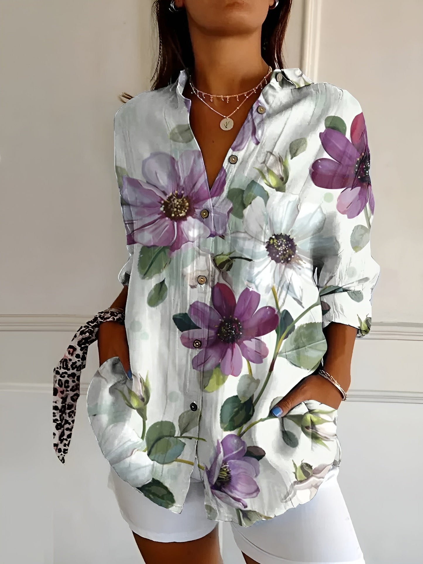 Damen Sommerhemd Tropen-Print Langarm-Shirt Baumwolle