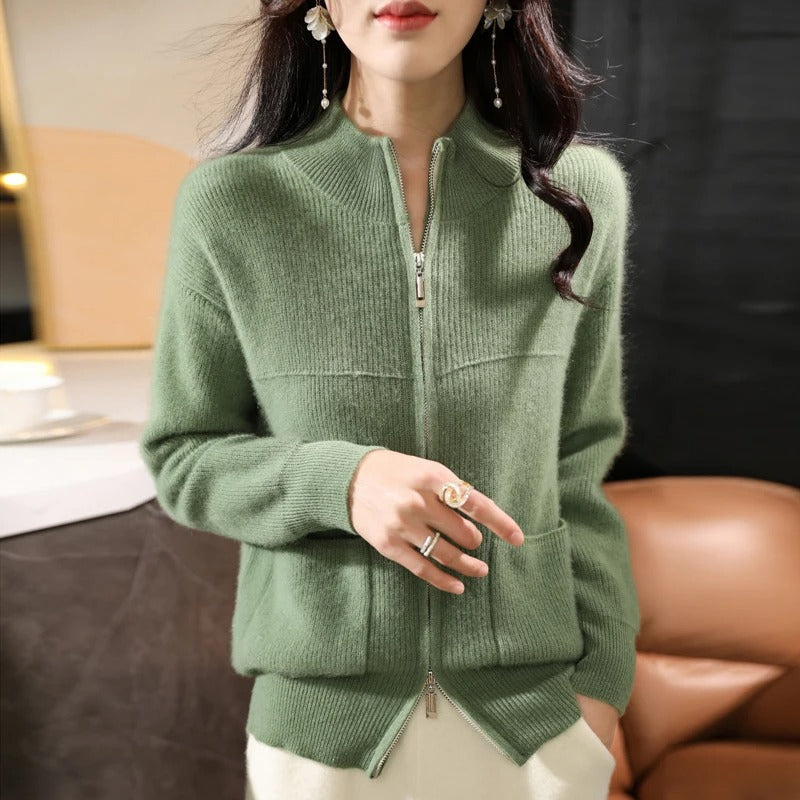 Eveloria Damen Strickjacke Wolle Reißverschluss Stehkragen