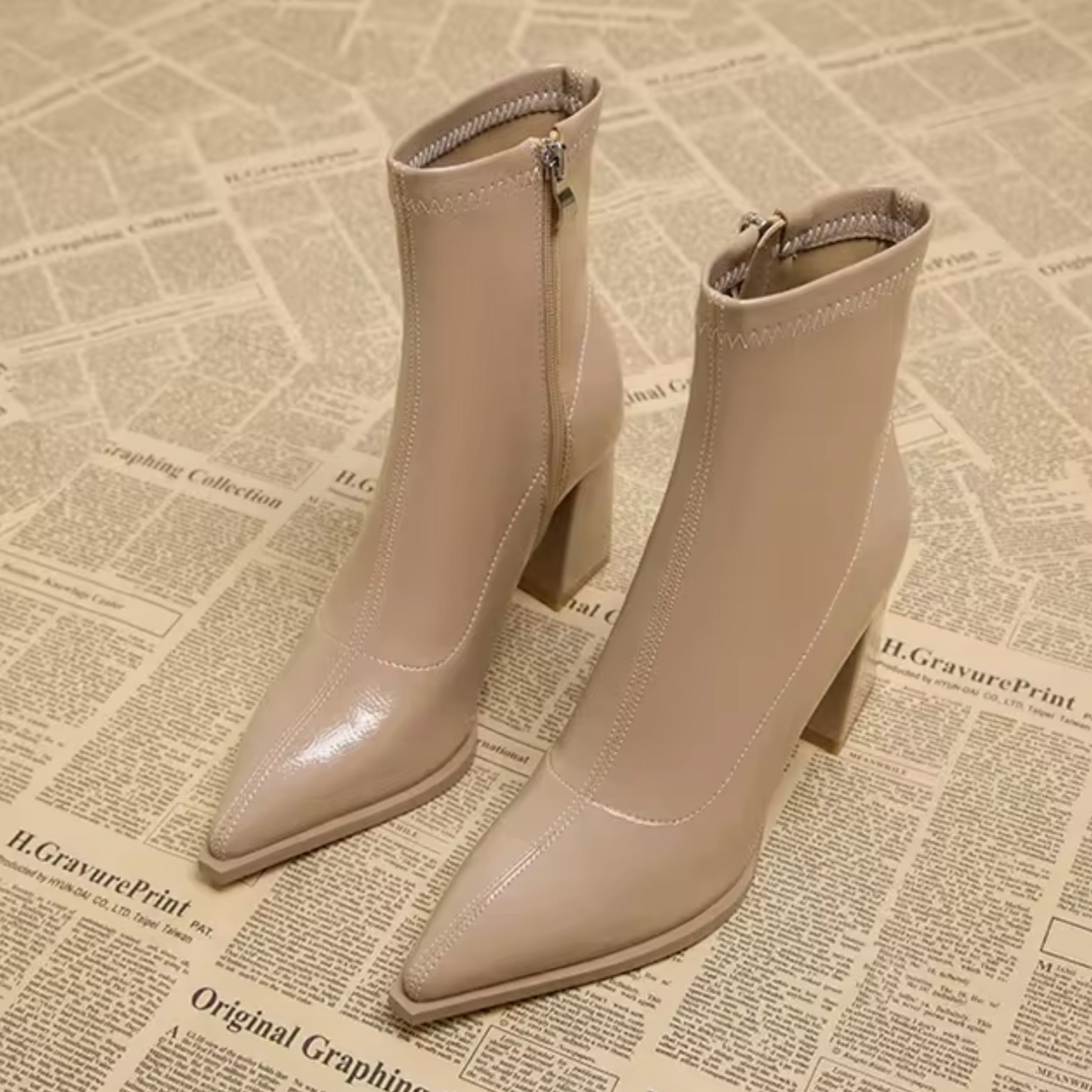 Eveloria Damen Stiefeletten Leder Spitz Zehen Blockabsatz
