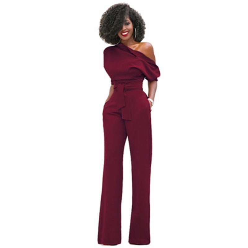 Damen Jumpsuit Ein-Schulter Weites Bein Mit Taillengürtel