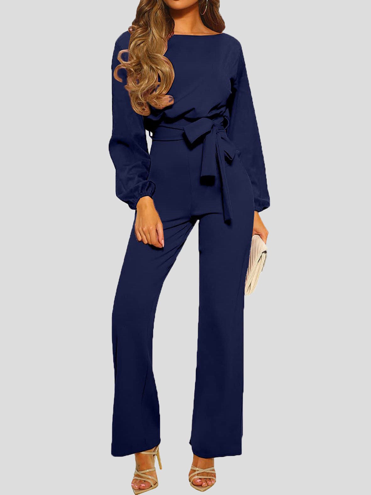 Damen Jumpsuit Einfarbig Langarm Mit Gürtel Lässig