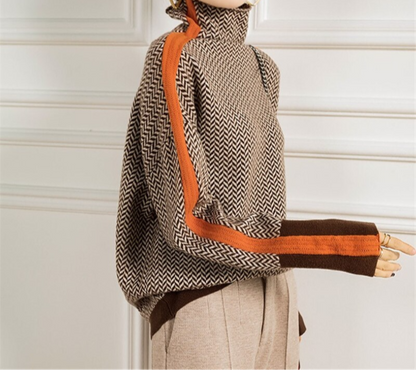 Damen Rollkragenpullover Fischgrät Muster Wollmix