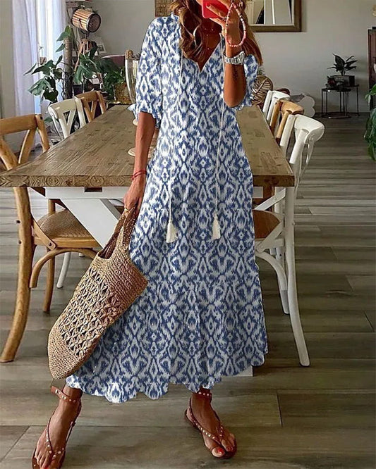 Damen Maxi-Sommerkleid V-Ausschnitt 3/4-Ärmel - Eveloria