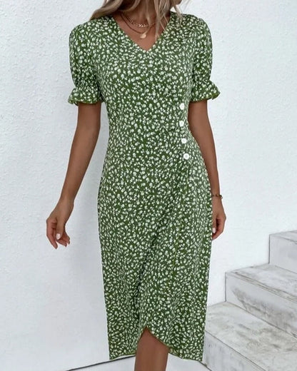 Damen Wickelkleid Blumenmuster V-Ausschnitt Puffärmel Knielang