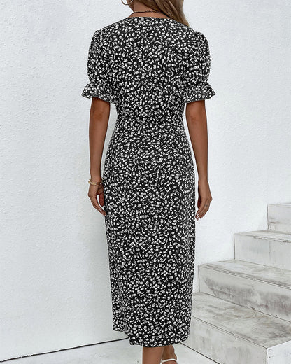 Damen Wickelkleid Blumenmuster V-Ausschnitt Puffärmel Knielang
